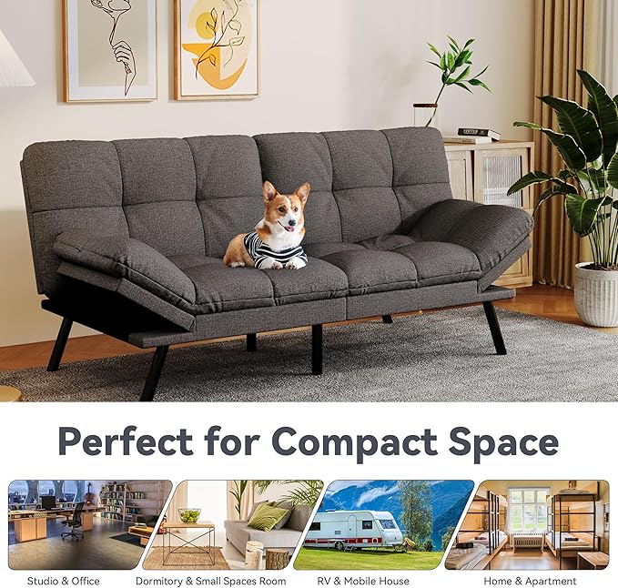 Convertible Futon Sofa BedLinen Futon Couch with Detachable CushionAdjustable Backrest &amp ArmrestModern Small Loveseat Sleeper Recliner for Living RoomOfficeApartmentDark Grey