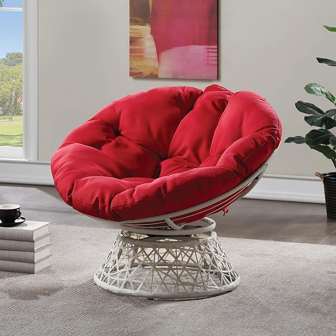 OSP Home Furnishings Wicker Papasan Chair with 360-Degree Swivel Cream Frame with Red Cushion