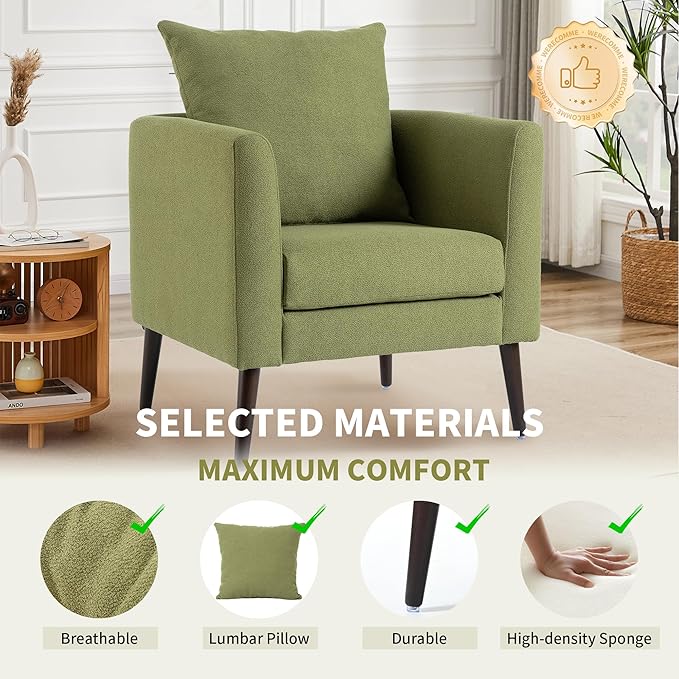 Comfy Accent Chair for Living Room Modern Fabric Upholstered Armchair with Solid Wood Legs Supportive Back Cushions and Easy Assembly Olive Green