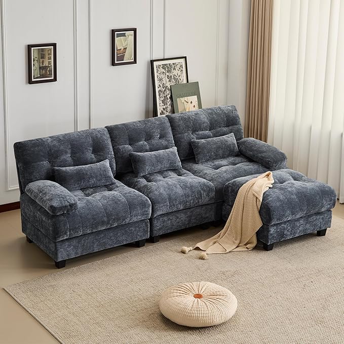 93 3+1 Seater Sofa with Ottoman - 4-Position Adjustable Backrest 350lb/Seat Soft Chenille Fabric 3 Throw Pillows Easy Assembly (Blue)