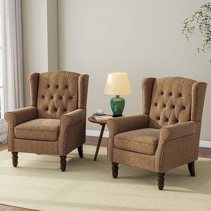 Accent Chair Upholstered Armchair with Button Tufted High Back &amp Solid Wood Legs Comfy Wingback Reading Single Sofa Chair for Small Spaces Living Room Bedroom (Brown Set of 2)