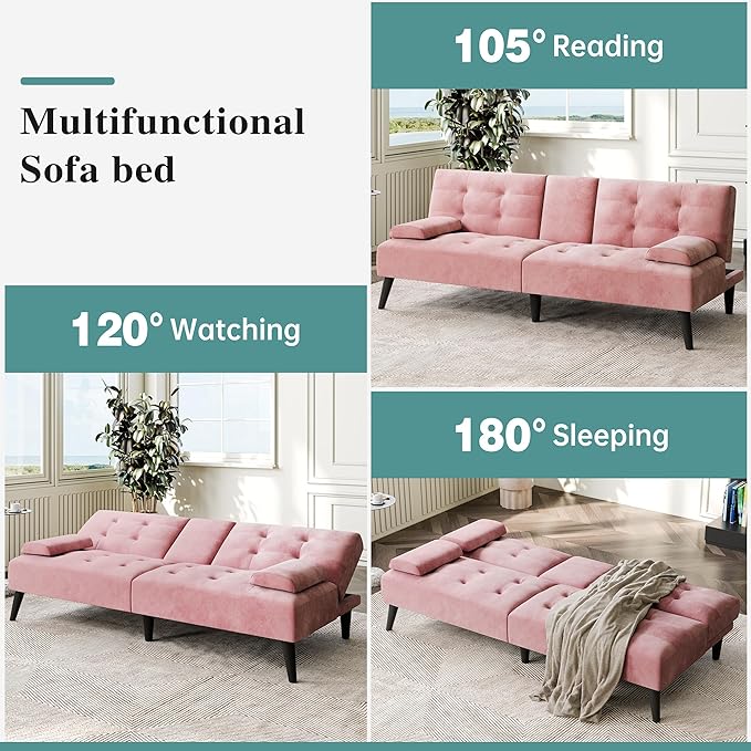 Meilocar Futon Sofa Bed Modern Convertible Sofa Couch Recliner 64 in Adjustable Sofa Bed for Living Room Removable Armrest Pillow 2 Cup Holders 3 Angles Back 5.3FT Pink