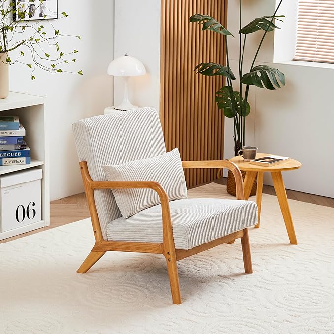 Accent Reading Chair Button-Upholstered Comfy Mid Century Modern Chair with Lounge Arm ChairsBeige Modern Chair Living Room Chairs W/Pillow Accent Chair for Living Room Bedroom Reading