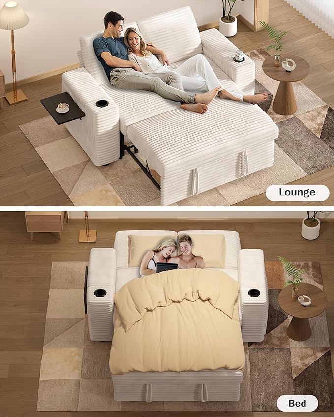 Vipbear 65 Loveseat Sleeper Sofa with Pull Out Bed Plush Corduroy 3-in-1 Convertible Sofa Bed with Reclining Backrest|USB Ports|Cup Holders|Side Table|Storage Armrests Tool Free Assembly Beige