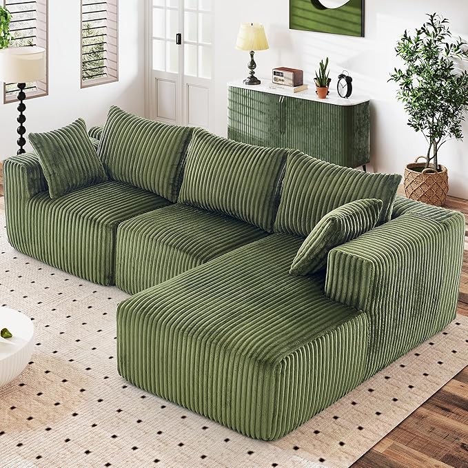 WorthFurni Cloud Modular Sofa Couch with L-Shape ChaiseModern Sectional with Deep Seat Upholstered Couches for Living Room BedroomNo Assembly Required Plush Corduroy Fabric 102(Green)