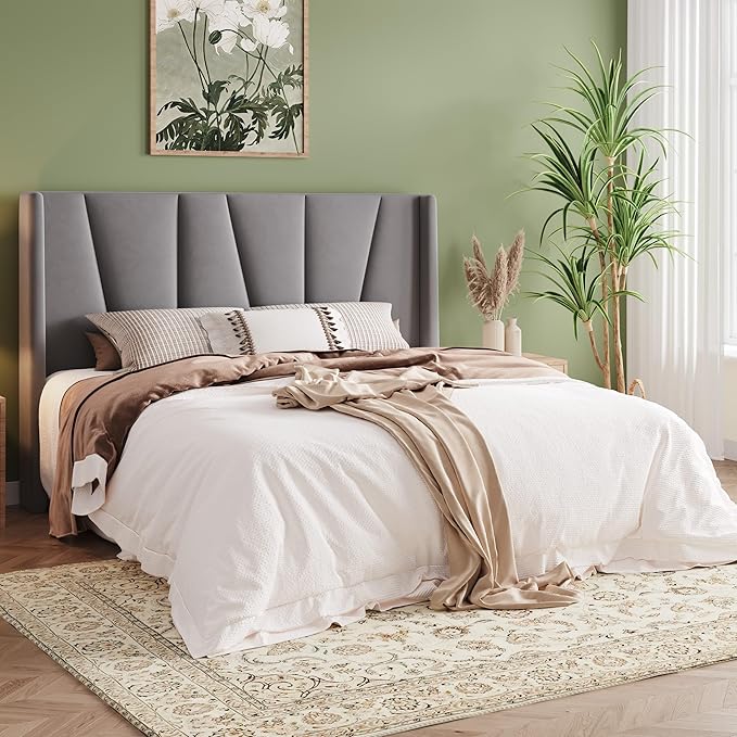 Allewie Queen Size Platform Velvet Bed Frame with Geometric Wingback Headboard Boho Upholstered Bed with Wooden Slats Support No Box Spring Needed Easy Assembly Light Grey