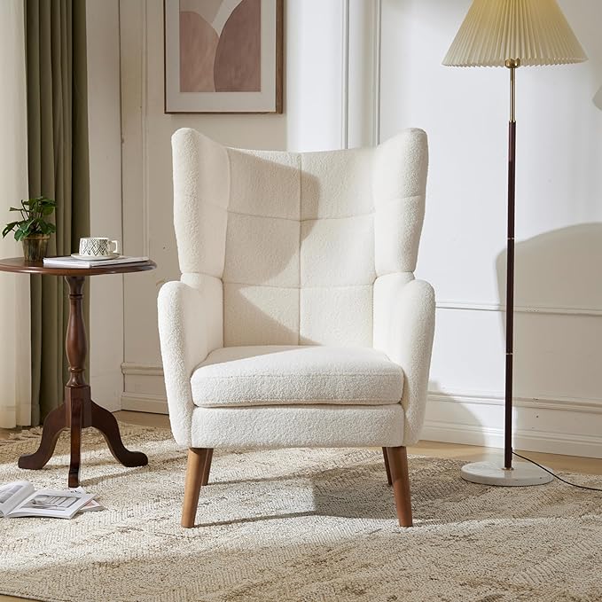 Accent Chair for Bedroom White Boucle Upholstered Armchair - Modern Small Comfy Reading Chair with High Back for Living Room Home Office Dressing Vanity Chair Dressing Room Small Spaces