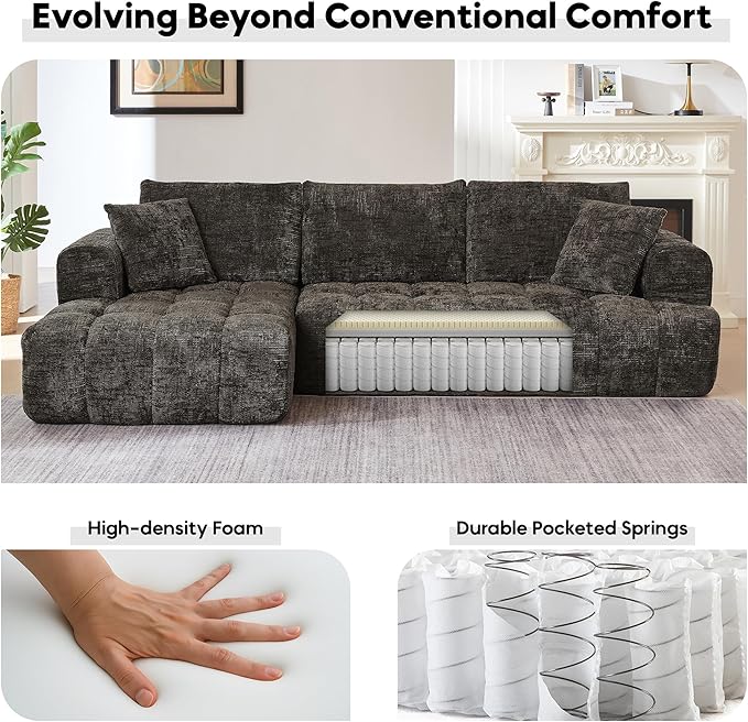 108” Cloud Modular Sectional Sofa Couch with Deep Seat Modern L-Shaped Boneless Couch with Chaise Comfy Chenille Sofa for Living Room No Assembly Required (Brown Left Facing Chaise)