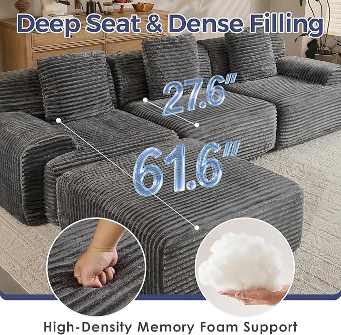 VK·LIVING 113 Cloud Sectional Couch Deep Seat Boneless Sofa with Wide Armrests 16.5'' Height Modular Plush Corduroy Memory Foam Couch for Living Room Office No Assembly Dark Gray
