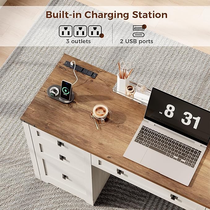 61 Farmhouse Executive Desk with Drawers Wood Home Office Desk with File Cabinet Charging Station and Storage Cabinet Computer Desk Workstation for Work and Study Antique White