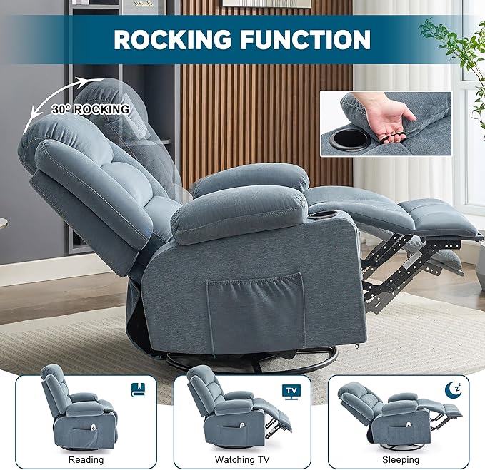 Rocker Recliner Chair with Heat and Massage 360° Swivel Nursery Rocking Chairs for Adults Oversized Recliner Single Sofa Seat with Cup Holders Lazy Boy Recliner Single Sofa (Manual Blue)