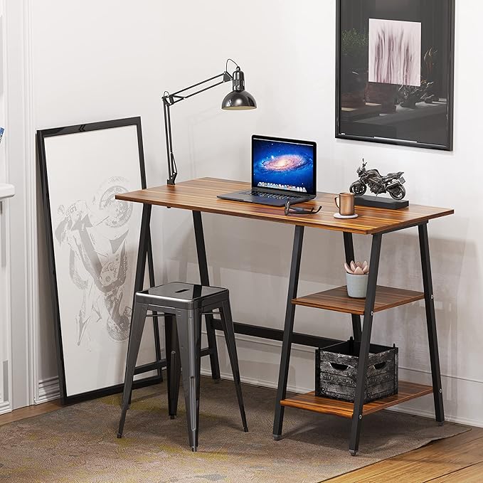 SHW 43-Inch Home Office Trestle Computer Desk with Open Storage Shelves Walnut