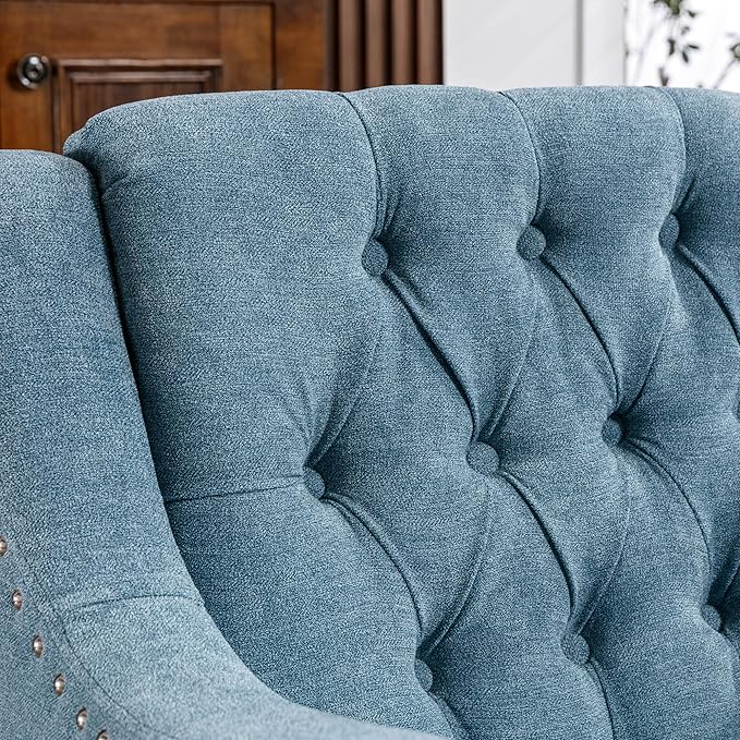 Blue Accent Chair Living Room Chair Footrest Chair Set with Vintage Brass Studs Button Tufted Upholstered Armchair for Living Room Comfy Reading Chair for Bedroom Reception Room