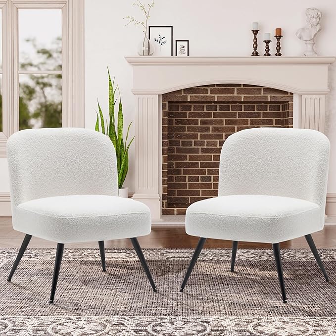 Aklaus Sherpa Boucle Accent Chairs Set of 2 for Living Room Bedroom.Upholstered Reading Chair Teddy White Modern Armless Chair with Larger Seat Comfy Side Chairs for Office Waiting Room