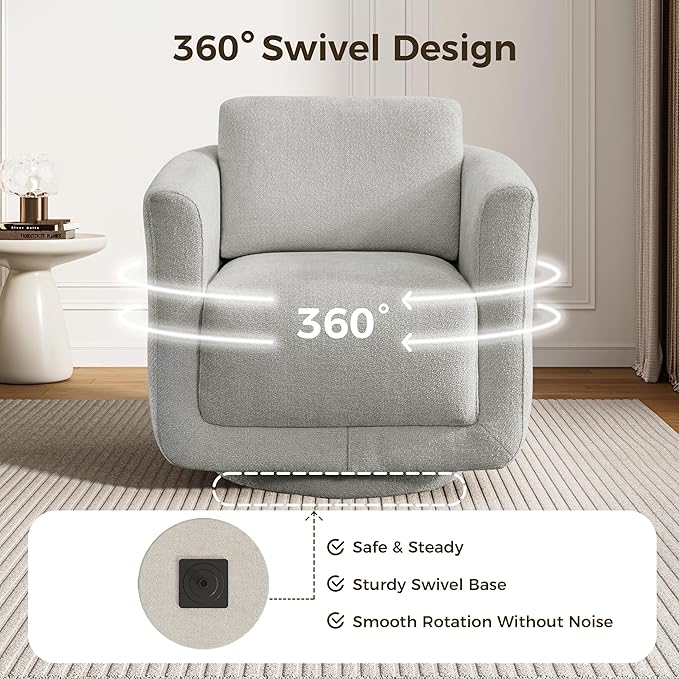 Swivel Accent Chair 360° Upholstered Swivel Chair 350 lbs Capacity Kiln Dried Solid Wood Frame Lumbar CushionFSC Certified Upholstered Chair for Living Room BedroomGray