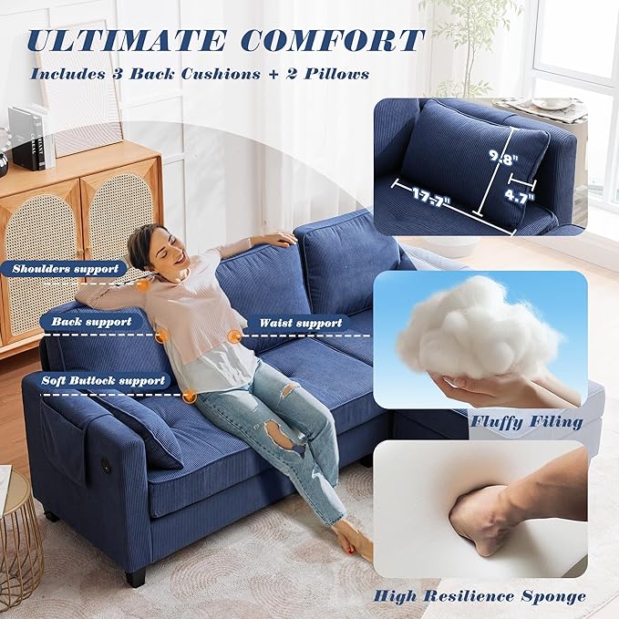MAGIC UNION Convertible Sectional Couches for Living Room - Small Space Couches L-Shaped Sofa Upholstered 3 Seats Sofas W/Storage Chaise USB Ports Side Pockets and Pillows (Corduroy Fabric Blue)