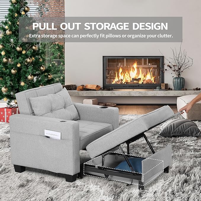 DURASPACE 36.6 Futon Chair Bed Convertible Chair 3-in-1 Pull Out Sleeper Reading Chair Beds with USB Armchair Sleeper Bed for Living Room Dorm Small Space (Light Gray Linen)
