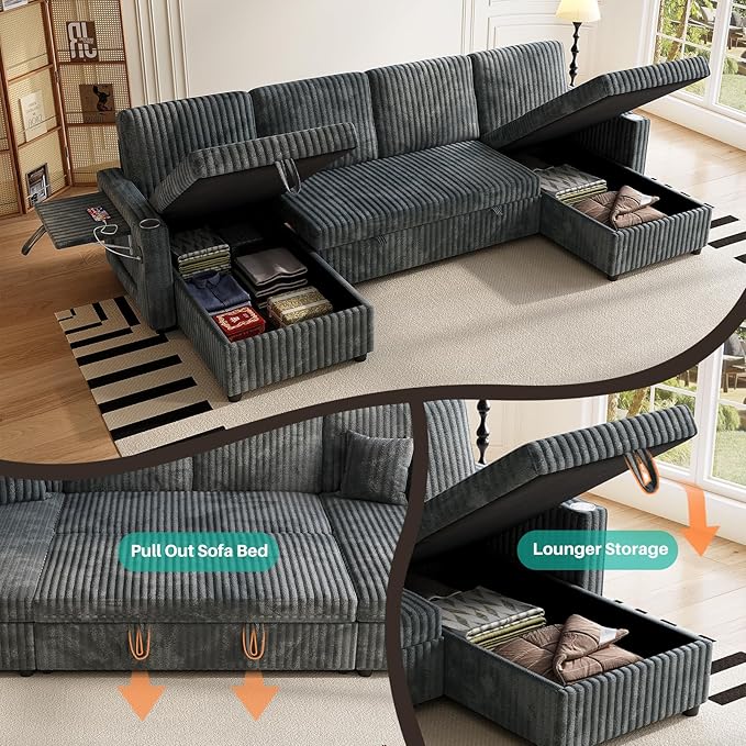 110 Sleeper Sectional Sofa Comfy U Shaped Couch with Pull Out Bed Convertible Corduroy Cloud Sofa with Double Storage Chaise USB Small Desktop Modular Couch for Living Room Dark Grey