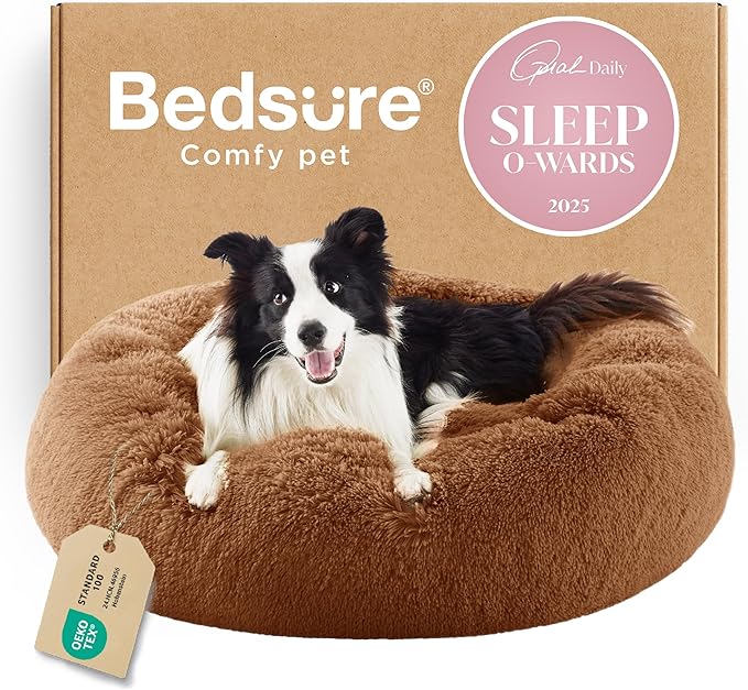 Bedsure Calming Dog Bed for Large Dogs - Donut Washable Large Pet Bed 36 inches Anti-Slip Round Fluffy Plush Faux Fur Dog Bed Fits up to 80 lbs Pets Copper