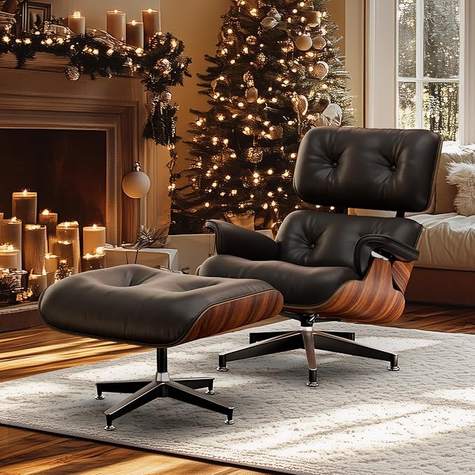 Top Black Grain Leather Mid Century Chaise Lounge Chair and Ottoman Modern Chair Classic Design Palisander Wood Heavy Duty Base Support for Living Room Office