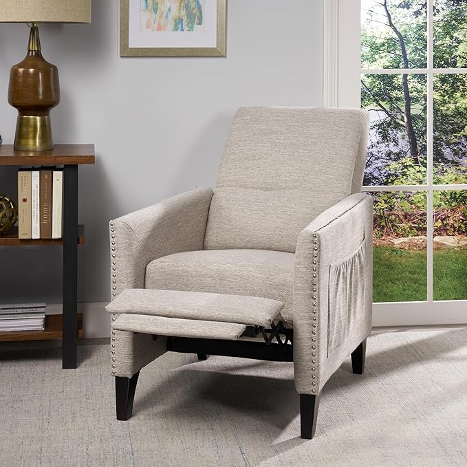 Mid-Century Fabric Rocker Recliner Chair with Tufted Design Adjustable Single Recliner Sofa with Thicker Seat Cushion with Pocket for Living Room Bedroom Apartment (Light Grey Style2)