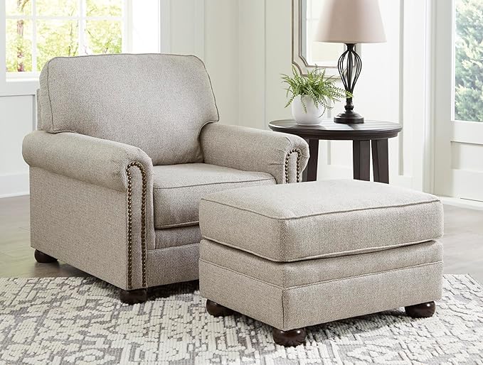 Signature Design by Ashley Gaelon Transitional Rectangular Upholstered Ottoman with Bun Legs Light Brown