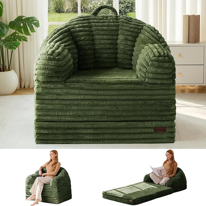MAXYOYO Folding Sofa Bed 2 in 1 Convertible Sofa to Lounger Comfy Faux Fur Bean Bag Chair for Adults Floor Single Sleeper Couch Chair with Handle Couch Bed for Living Room Bedroom Dark Green