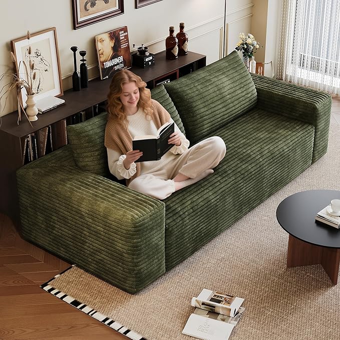 71 W Corduroy Boneless Couch 3-Seater Compression Sofa with Deep Seat No Assembly Required Comfy Loveseat Sofa with 2 Pillows Sofa Couches for Living Room/Apartment (Green 71 inch) | Breathable