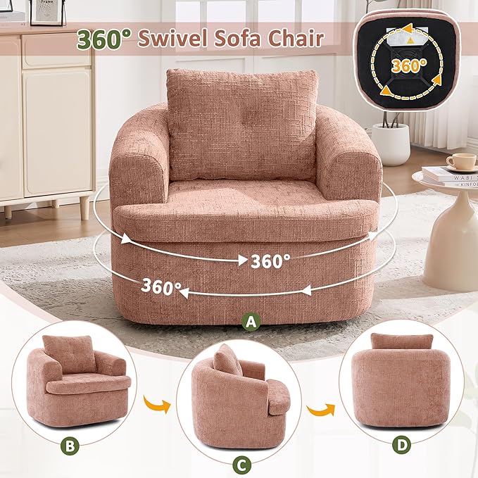 Merax 360° Swivel Sofa Chair Chenille Fabric Accent Barrel Chair 36.6 Swivel Round Chair with Dual-Layer Cushion Design for Living Room Bedroom Office and Hotel Pink
