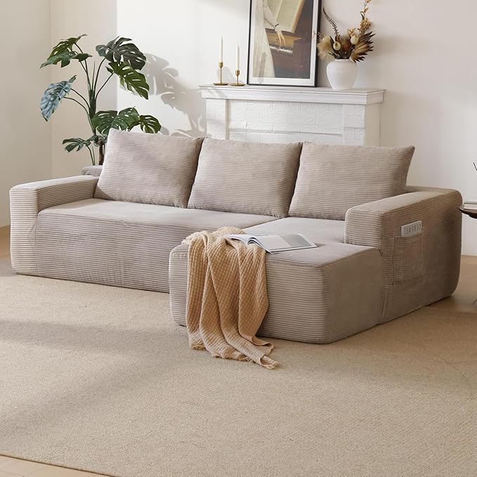 97 Cloud Couch Sectional L Shaped Boneless Couch Sectional Couches for Living Room Modern Comfy Corduroy Fluffy Modular Sofa with Deep Seat No Assembly (Camel Right Facing Chaise)
