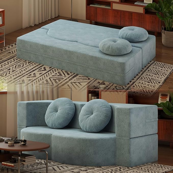 2-in-1 Full Size Convertible Floor Sleeper Couch Sofa Bed78”Folding Boneless Large Futon Loveseat Sofa with 2 Pillows Foam-Filled Compression Guest Couches Bed for Living Room (Light Blue)