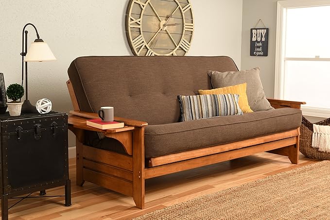 Phoenix Full Size Futon Couch with Linen Fabric Mattress in Barbados/Brown Included - Wooden Frame - Solid Hardwood Construction