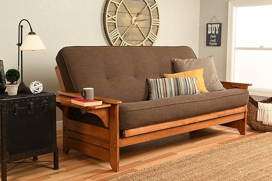 Phoenix Full Size Futon Couch with Linen Fabric Mattress in Barbados/Brown Included - Wooden Frame - Solid Hardwood Construction
