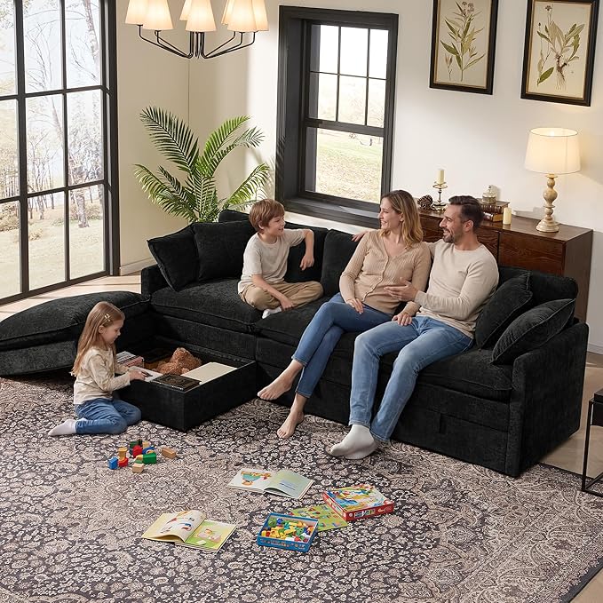 Ihanherry 103 Modular Sectional Sofa with Storage L Shaped Cloud Couch with Movable Ottomans &amp 4 Pillows Chenille Deep Seat Sectional Couches for Living Room Apartment (Black)