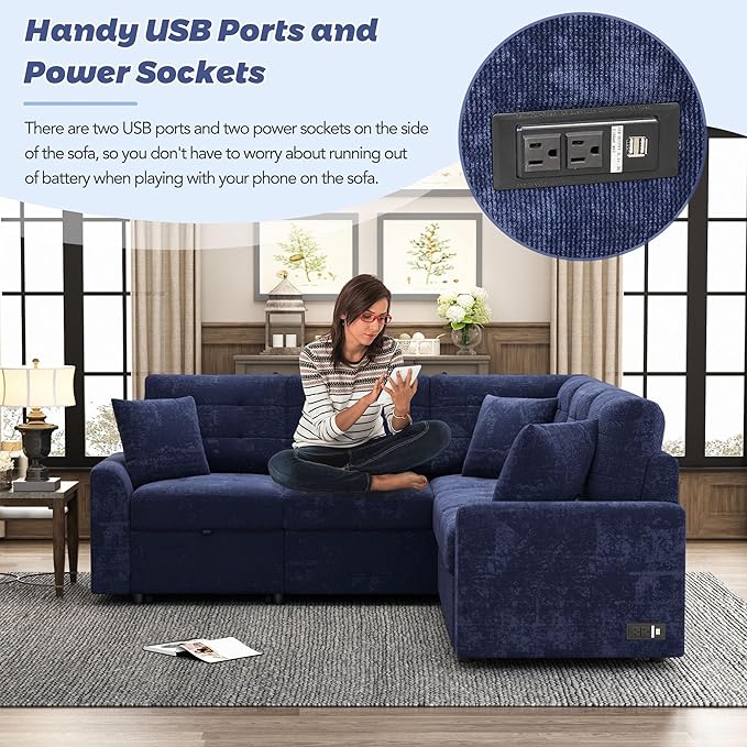 Velvet Fabric L-Shape Reversible Sleeper Sectional Sofa Couch 2 in 1 Pull Out Convertible Sofa Bed with Wheels and USB Ports for Living Room Apartment Office (Navy Blue-SFB)