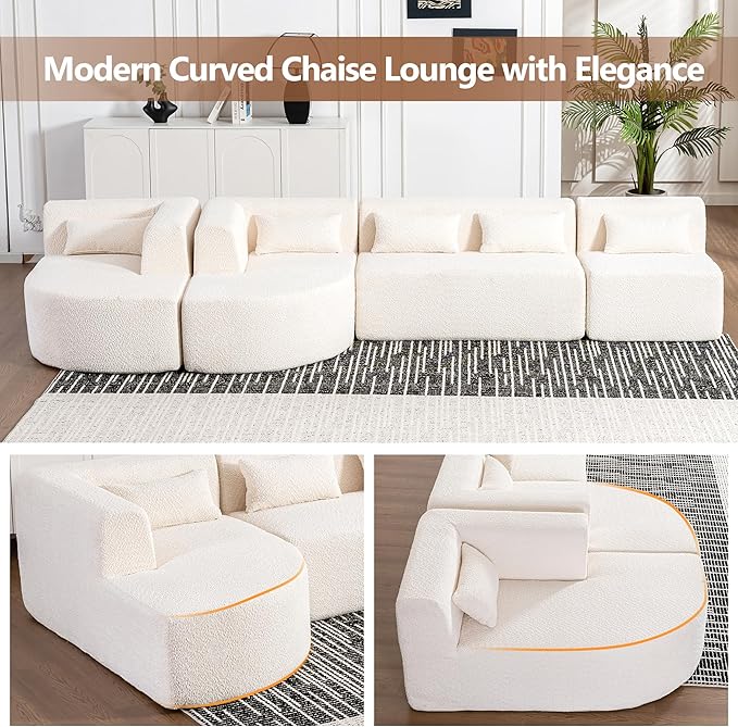 144 Upholstered Sofa Free-Combined Sofa Couch with Two Chaise Lounge and Five Back Pillows for Living Room (Beige@50)