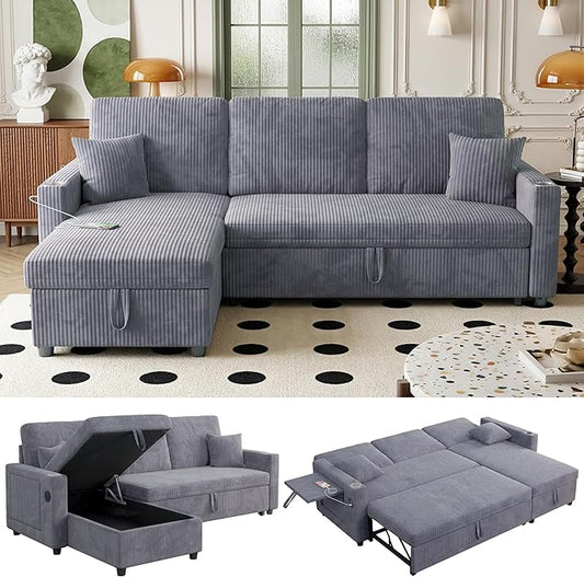 Sectional Sleeper Sofa with Pull Out Couch Bed 83.46 L Shaped Couch with Storage Chaise and Pillows Convertible Corduroy Sofa with USB Type-C &amp Hide Desktop &amp Cup Holder &amp Side Pocket