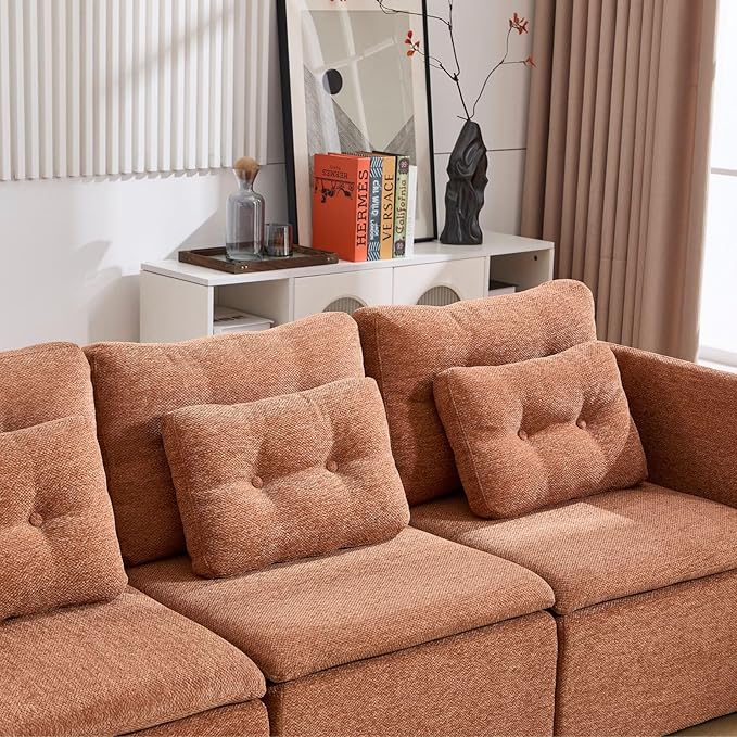 LukeAlon Chenille 56.5 Loveseat Sofa with Waist Pillow Modular Sectional Sofa Couch with Ottoman Comfy 2 Seater Lounge Sleeper Couch Sofa for Apartment Living Room Office Light Brown
