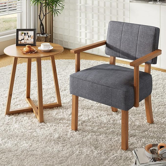 GarveeHome Linen Fabric Accent Chair Mid-Century Modern Armchair with Classic Vertical Stripe Reading Leisure Chair with Wood Frame for Living Room Grey