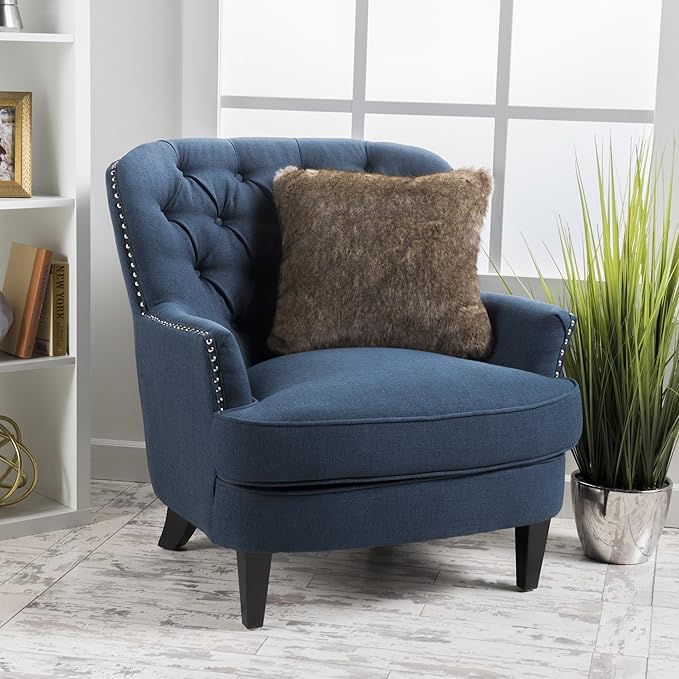 Merax Modern Accent Chair Upholstered Living Room Armchair Comfy Reading Chair Mid Century Chair for Living Room Bedroom Navy Blue