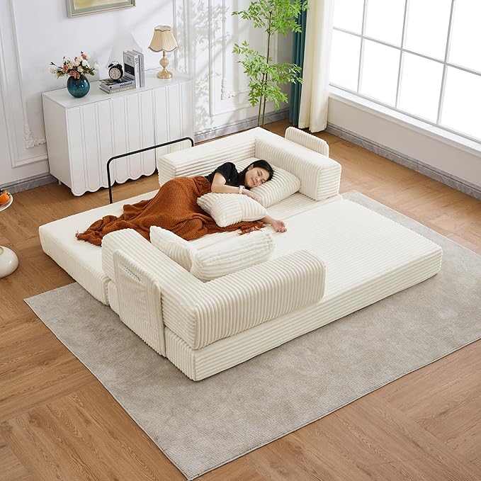 4-in-1 Floor Sofa King Size No Assembly Upholstered Boneless Pull Out Couch Bed with 4 Pillows Oversized Corduroy Foam Compressed Sofa Couch in A Box for Living Room Sleeper (Beige)