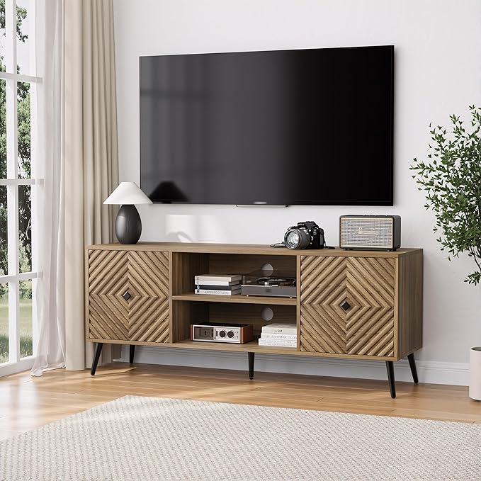 Smuxee Walnut TV Stand with Fluted Diamond Doors 55.12 Mid Century Modern TV Media Console for TVs up to 65 TV Cabinet with Adjustable Shelf &amp 2 Cabinets for Living Room