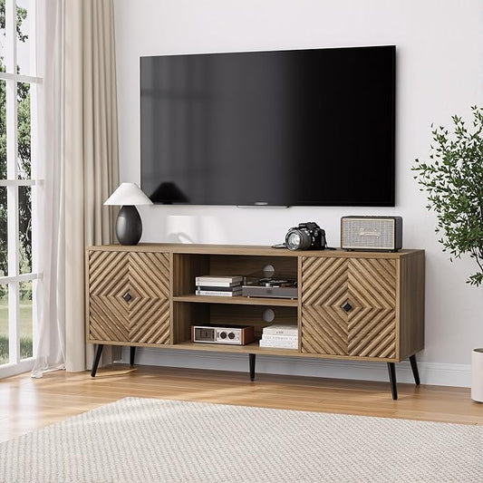 Smuxee Walnut TV Stand with Fluted Diamond Doors 55.12 Mid Century Modern TV Media Console for TVs up to 65 TV Cabinet with Adjustable Shelf &amp 2 Cabinets for Living Room