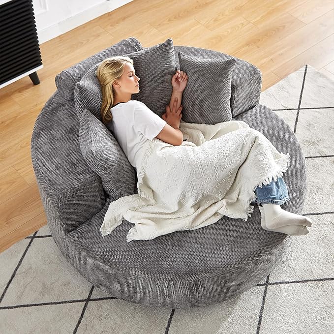 55 W Oversized Round Swivel Accent Barrel Chair360 Degree Chenille Upholstered Comfy Chaise Lounge Chair IndoorModern Deep Seat Single Sofa Armchair for Living RoomBedroomOffice(Grey)