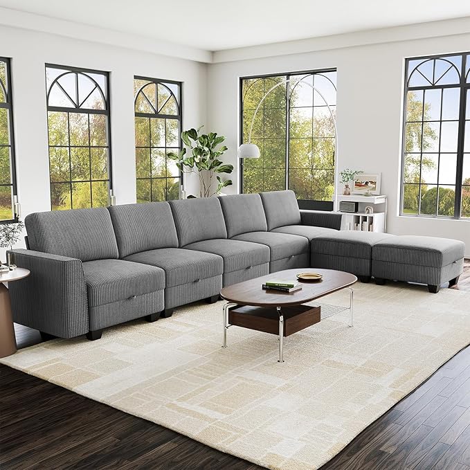 140 Large u Shaped Couch Oversized Modular Sectional Sofa with Storage Ottoman 7-Seater Comfy Combination Sofa Deep Seat Couches for Living Room Corduroy Grey