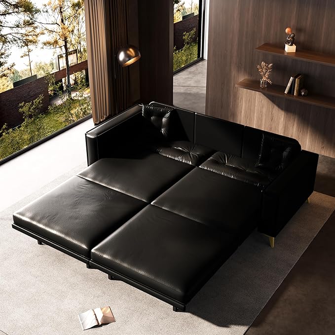 KEIKI 92.1 King Size Pull Out Sofa Bed 3-in-1 Faux Leather Convertible Sleeper Clouch with 2 Pillows 4-Seater Sofa Bed for Living Room Apartment Office Black