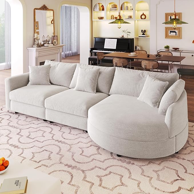 105 Chenille Fabric 3-Piece Sectional Sofa with Curved Chaise and 3 Throw Pillows 3-Seat Upholstered Couch with Solid Pine Wood Frame Perfect for Living Rooms Offices and Apartments (Beige-05)