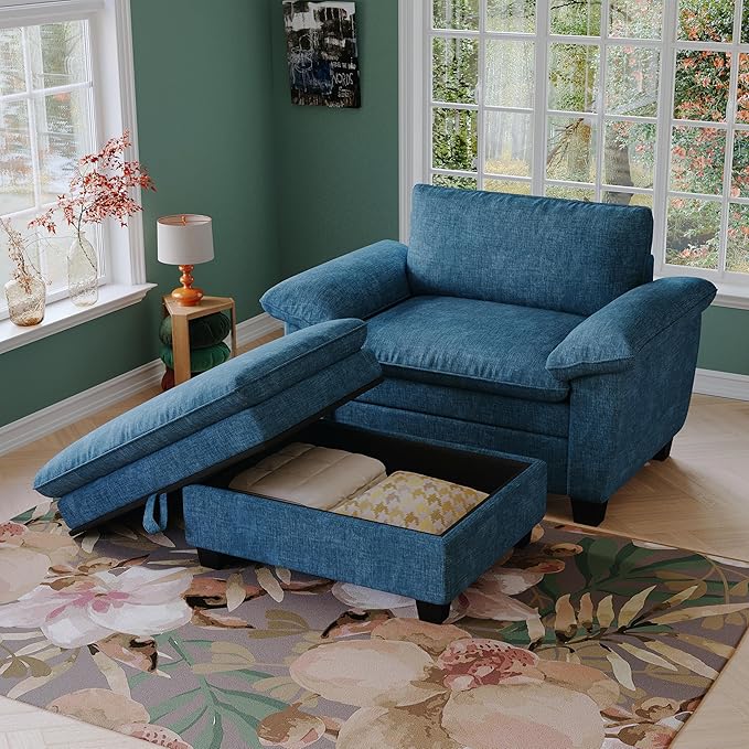 51-Inch Wide Oversized Chenille Recliner Sofa Ottoman with Storage - Upholstered Lounge Chair (Blue)