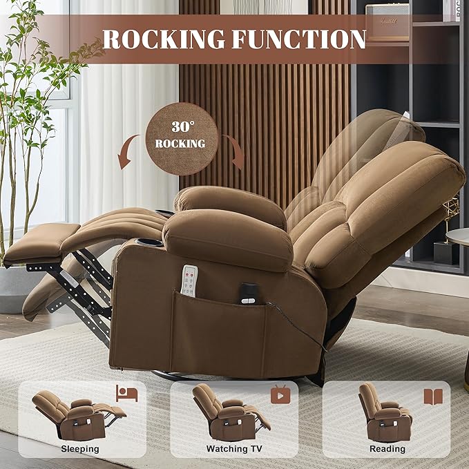Oversized Recliner Chairs for Adults 270° Swivel Rocker Recliner with Heat and Massage Lazy Boy ReclinerRecliner Chairs Single Sofa Seat with Cup Holders (BrownElectric)