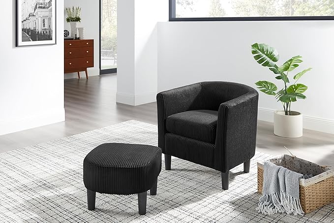 Modern Accent ChairUpholstered Arm Chair Linen Corduroy Single Sofa Chair with Ottoman Foot Rest Comfy Armchair for Living Room Bedroom and OfficeBlack